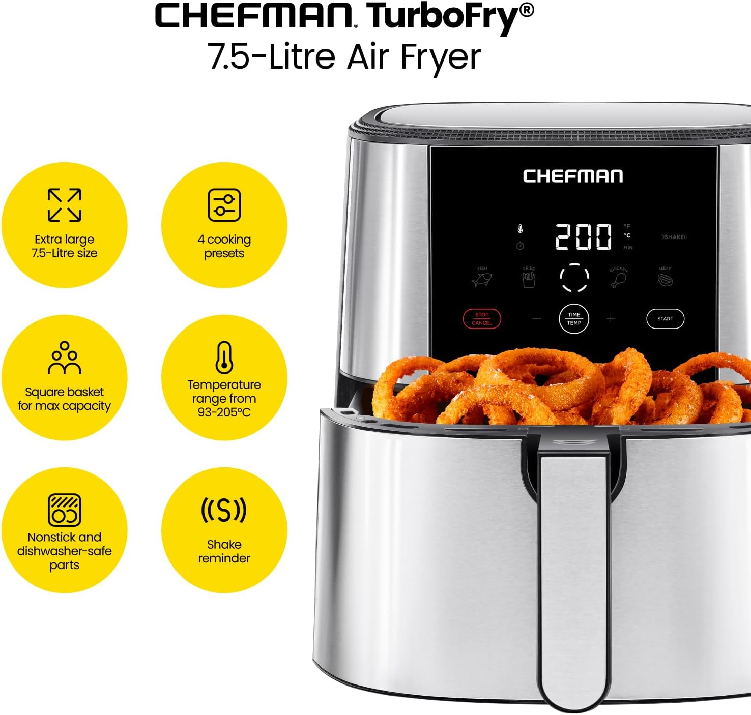 Chefman TurboFry Touch Air Fryer, XL 7.5 Litre Family Size, 1800W Power ...